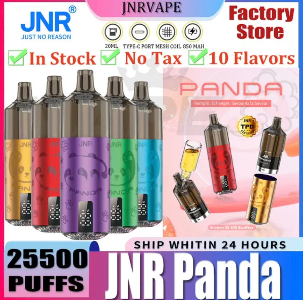 Carton Puff JNR 25500 Panda Rechargeable (Lot de 10)