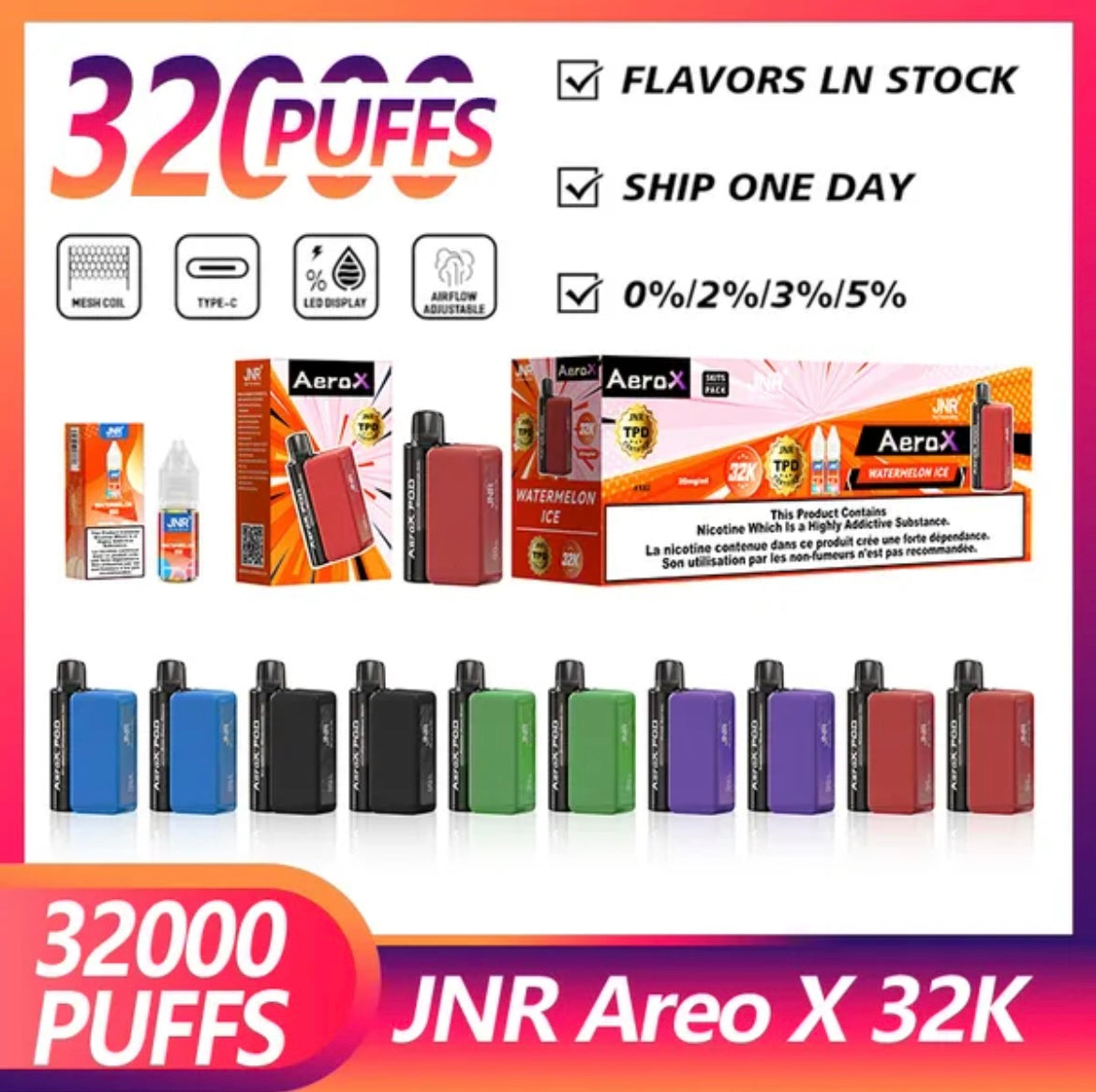 Carton Puff JNR 32000 AeroX Rechargeable (Lot de 10)