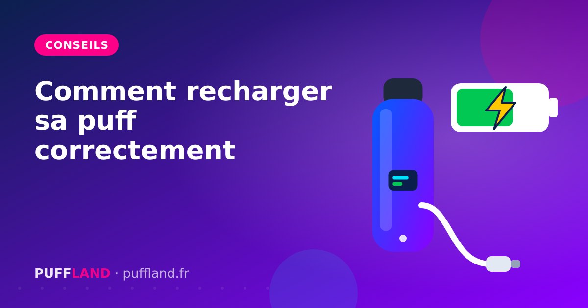 Illustration « Comment recharger sa puff correctement » : puff rechargeable branchée à un câble USB-C, avec une jauge de batterie