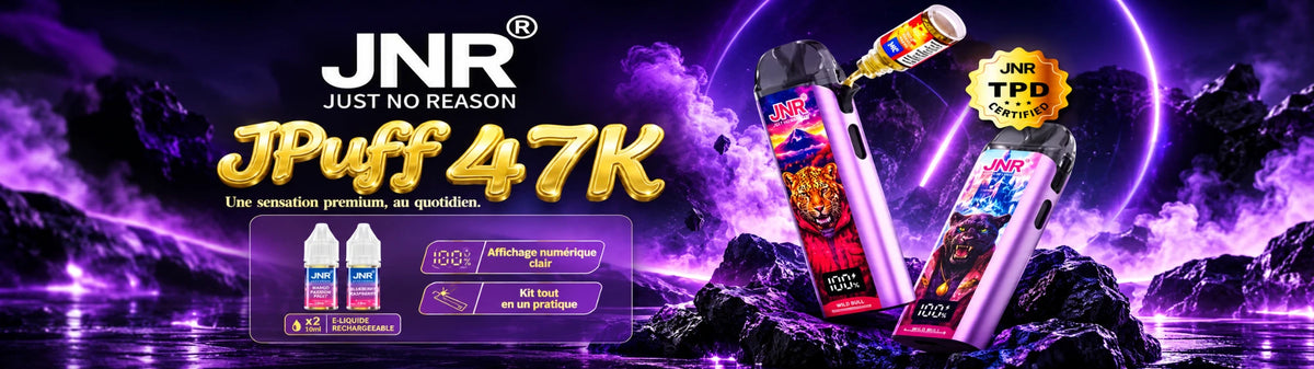 JNR JPuff 47K : une sensation premium au quotidien, kit rechargeable avec 2 e-liquides