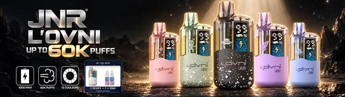 JNR L'OVNI : jusqu'à 60 000 bouffées, 1000 mAh, 12 couleurs, livrée avec 2 e-liquides de 10 ml