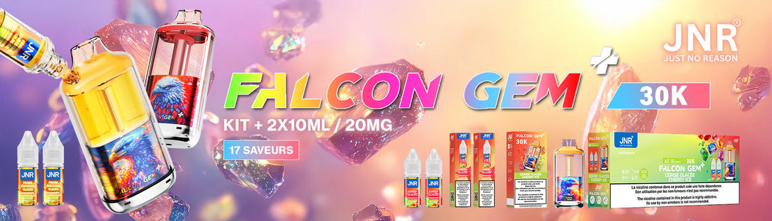 JNR Falcon Gem+ 30K : kit avec 2 e-liquides 10 ml à 20 mg/ml, 17 saveurs