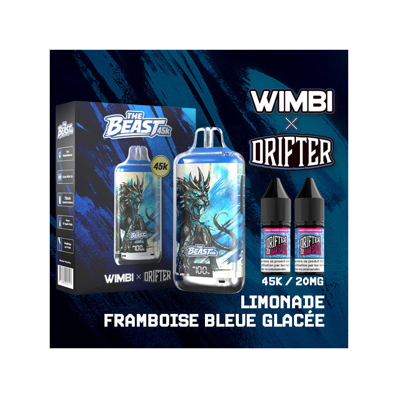 Kit The Beast 45K Glacial Warden + 2 e-liquides 10 ml 20 mg – Wimbi x Drifter