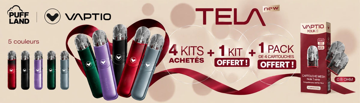 Vaptio Tela, 5 couleurs : 4 kits achetés, 1 kit et 1 pack de 4 cartouches offerts
